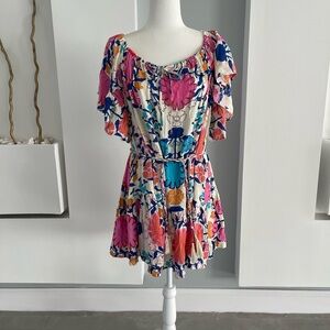 Rachel Floral Off-Shoulder Mini Dress in Cream, Pink, Blue and Orange
